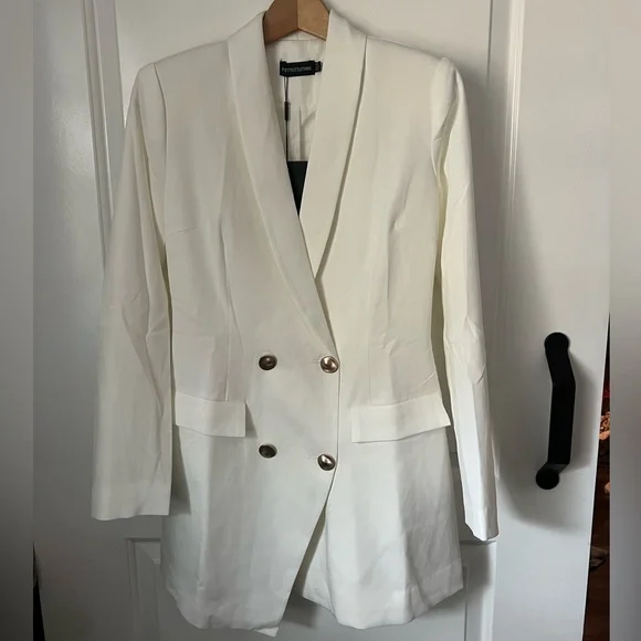 slim fit dress slacks Zapaka Women White Midi Work Dress with Long Sleeves Peak Lapel Double Breasted Bodycon Business Dress, White / XL main image 1